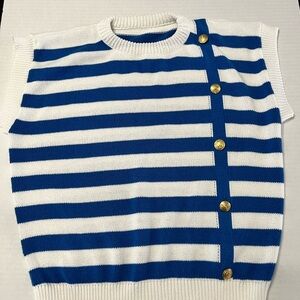 Blue and White Striped Cap Sleeve Sweater with Crew Neck